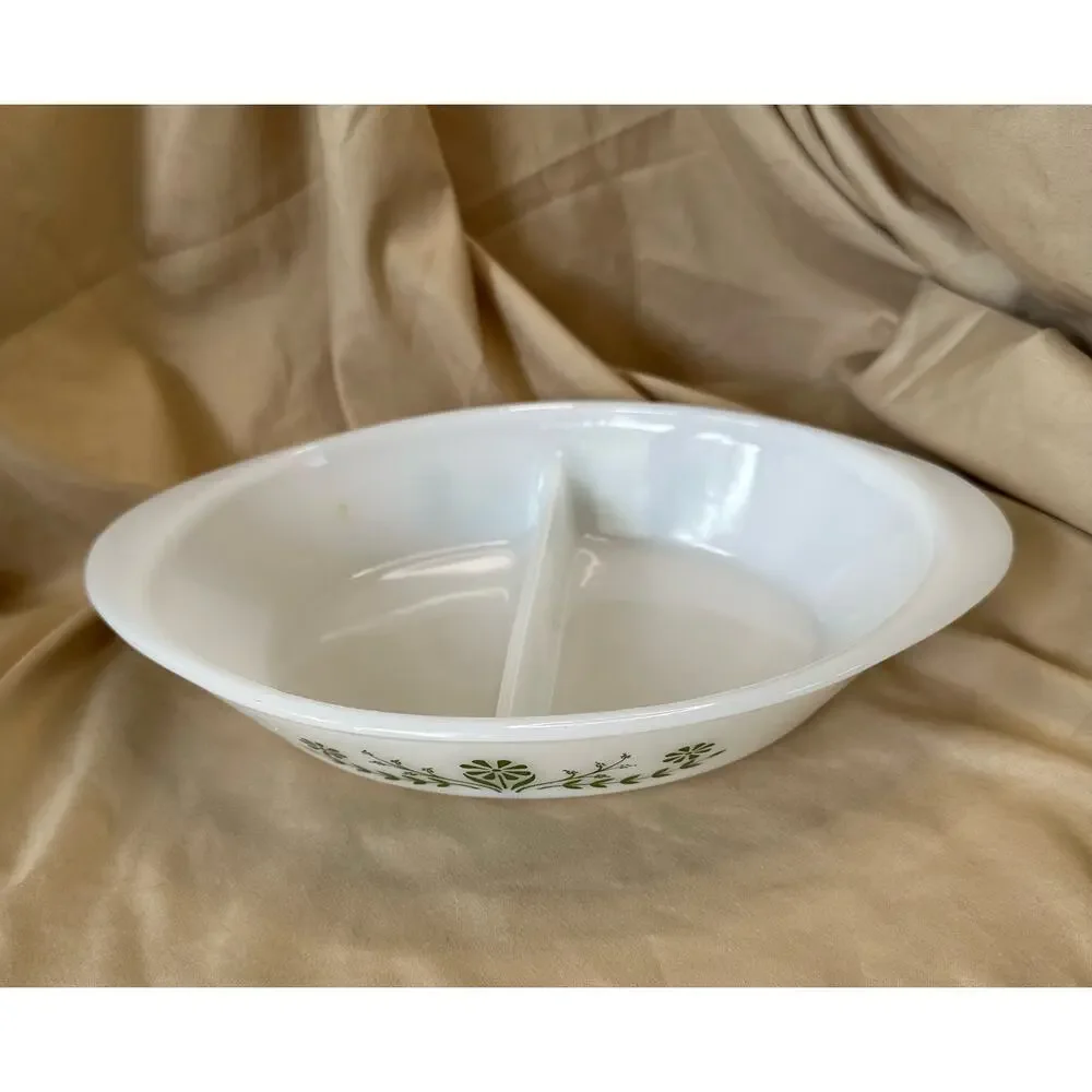 Vintage Glasbake Divided Baking Dish White with Green Flowers